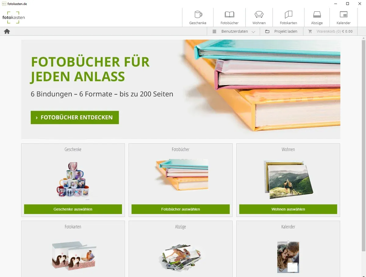 Auswahl der Fotoprodukte in der Software
