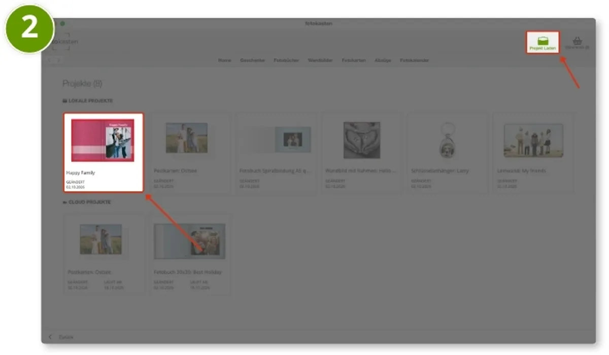 Lokales Projekt in der Download Software wird ausgewählt und gesichert