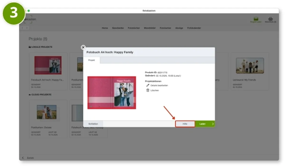 Klick auf den "Hilfe"-Button erfolgt in der Download Software