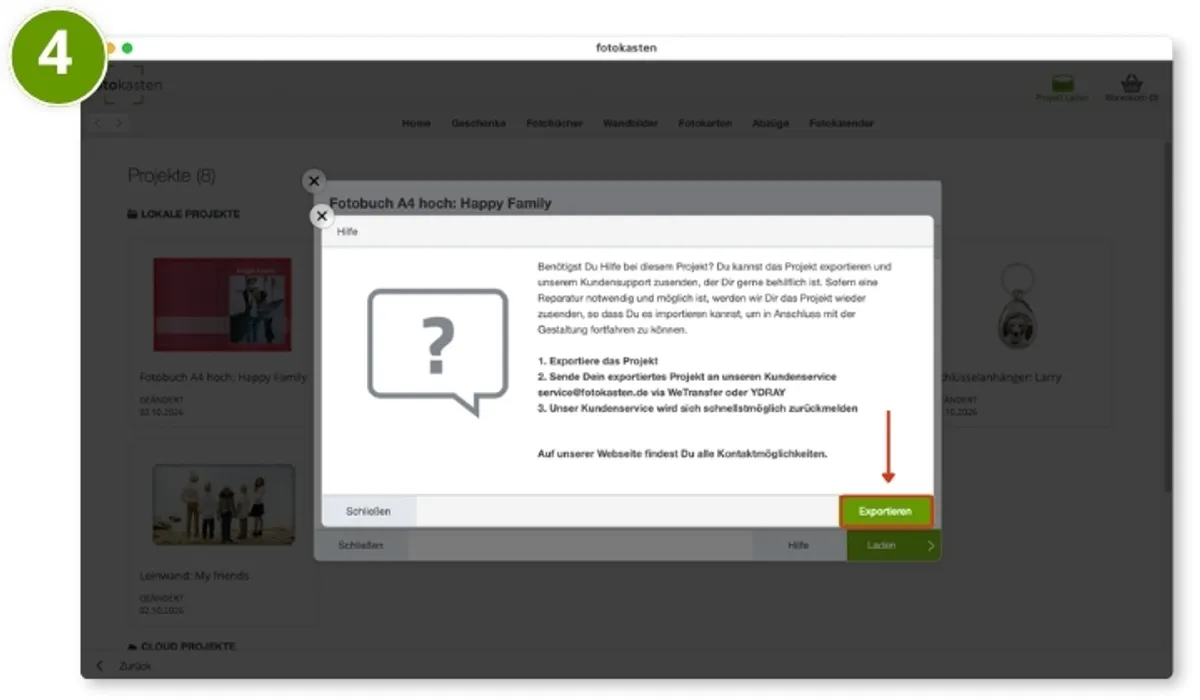 Klick auf "Exportieren" in der Download Software erfolgt