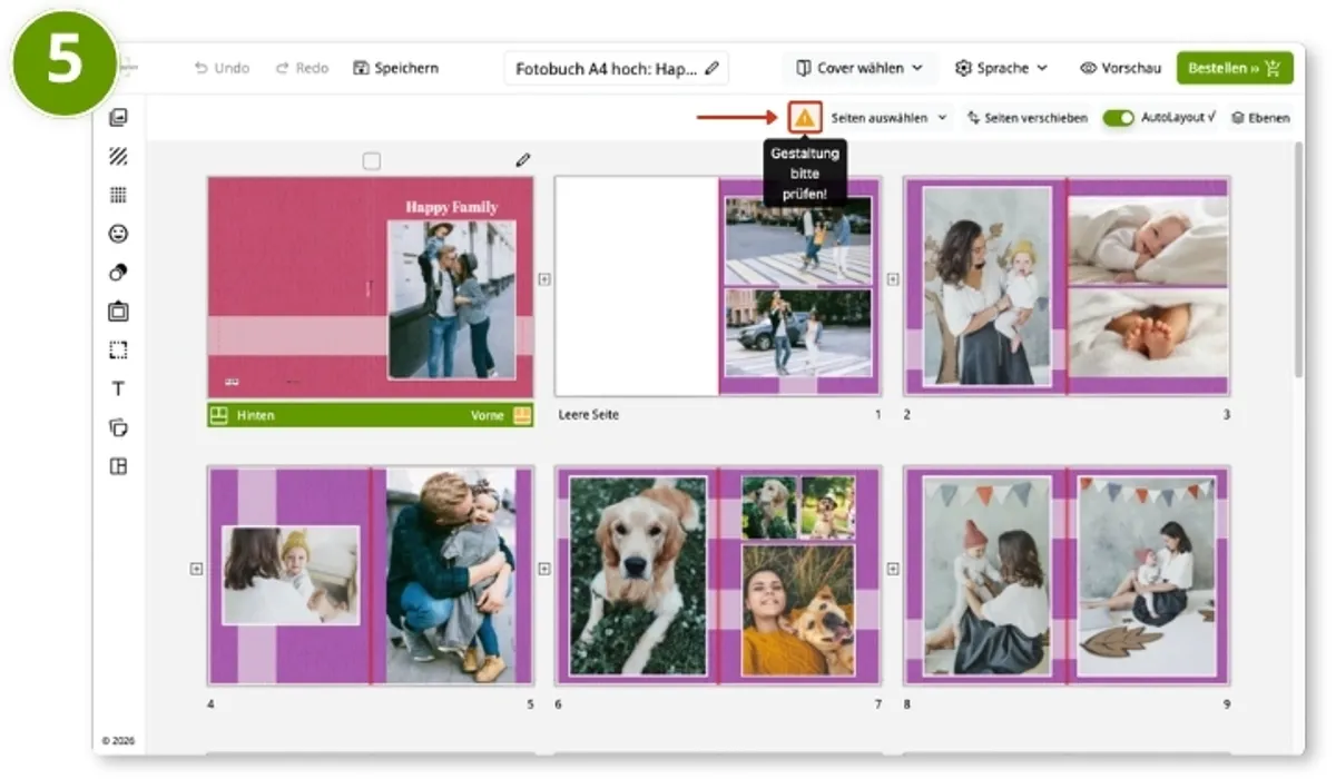 Fotobuch wird im Online Editor gecheckt, bevor die Bestellung erfolgt